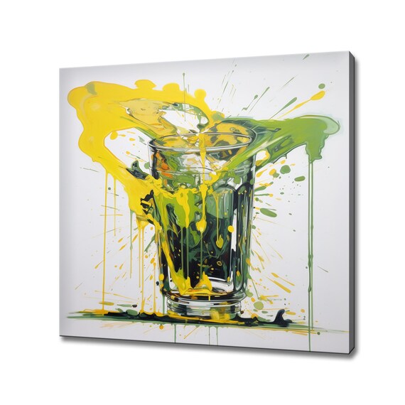 Abstract Paint Splash Cocktail Glass Yellow Green Kitchen Art Print