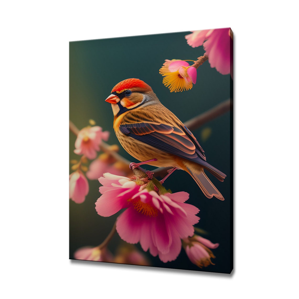 Red Capped Finch On Pink Flower Dark Teal Moody Nature Painting Poster