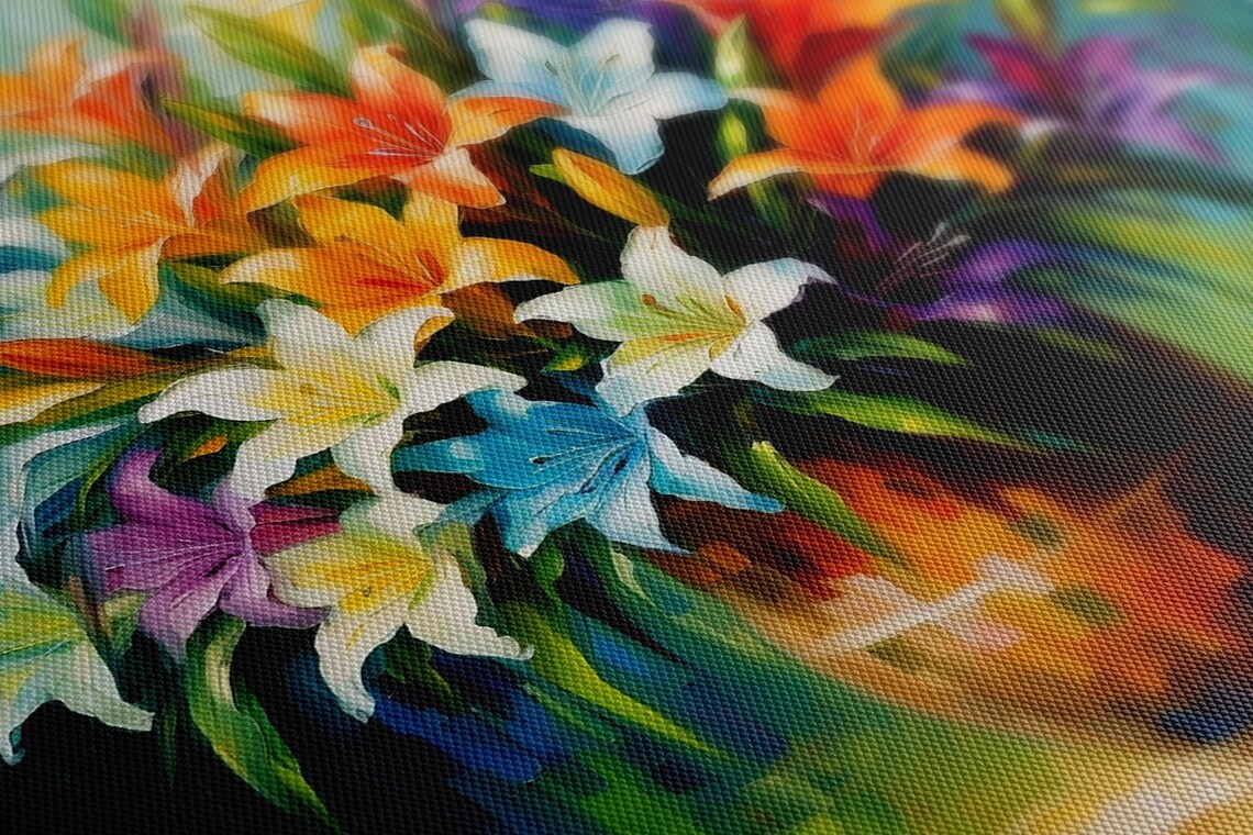 Multicolour Lily Bouquet Amber Vase Mosaic Impasto Floral Art Poster - Image 3