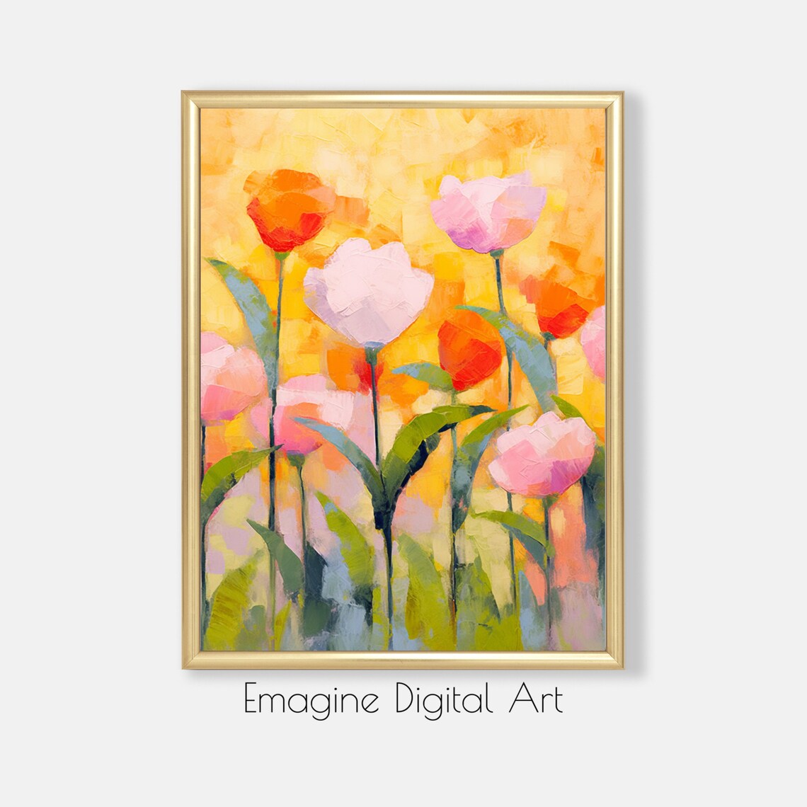 Pink and Orange Tulips Textured Floral Impasto Painting Poster Art