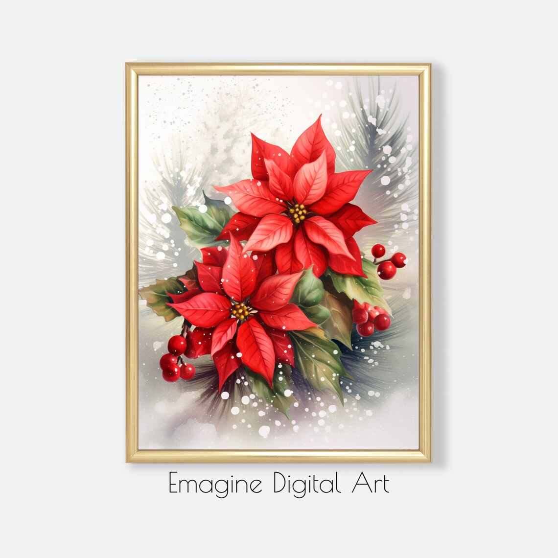 Red Poinsettias and Snowy Pine Christmas Art Print