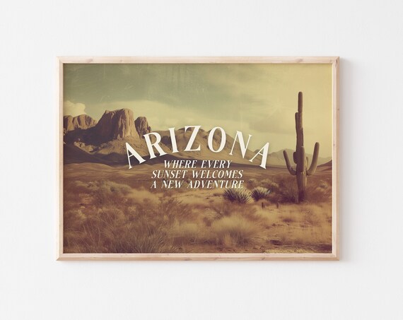 Arizona Retro Scene Photo Typography Travel Print Welcome To Arizona Old West Western Cowboy Cowgirl Desert Farmhouse Ranch Southwestern