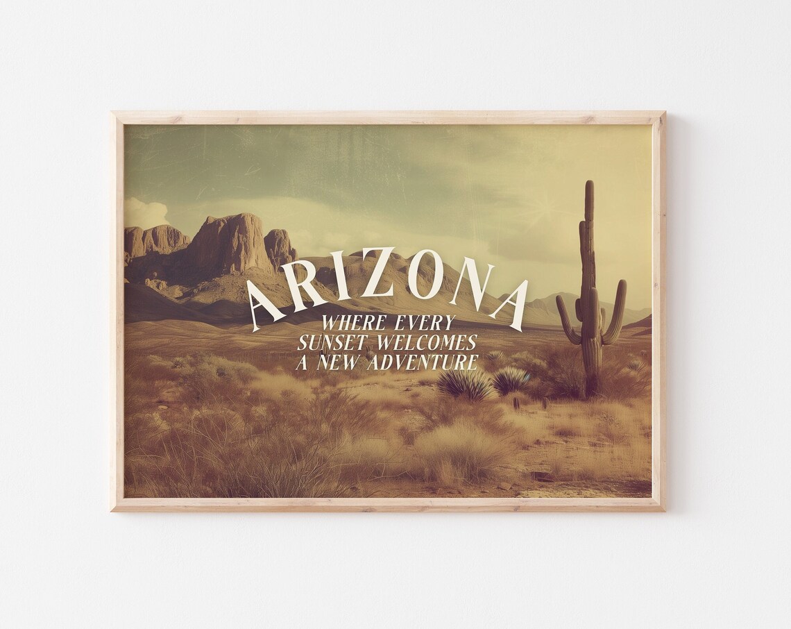 Arizona Desert Sunset Saguaro Vintage Travel Landscape Poster
