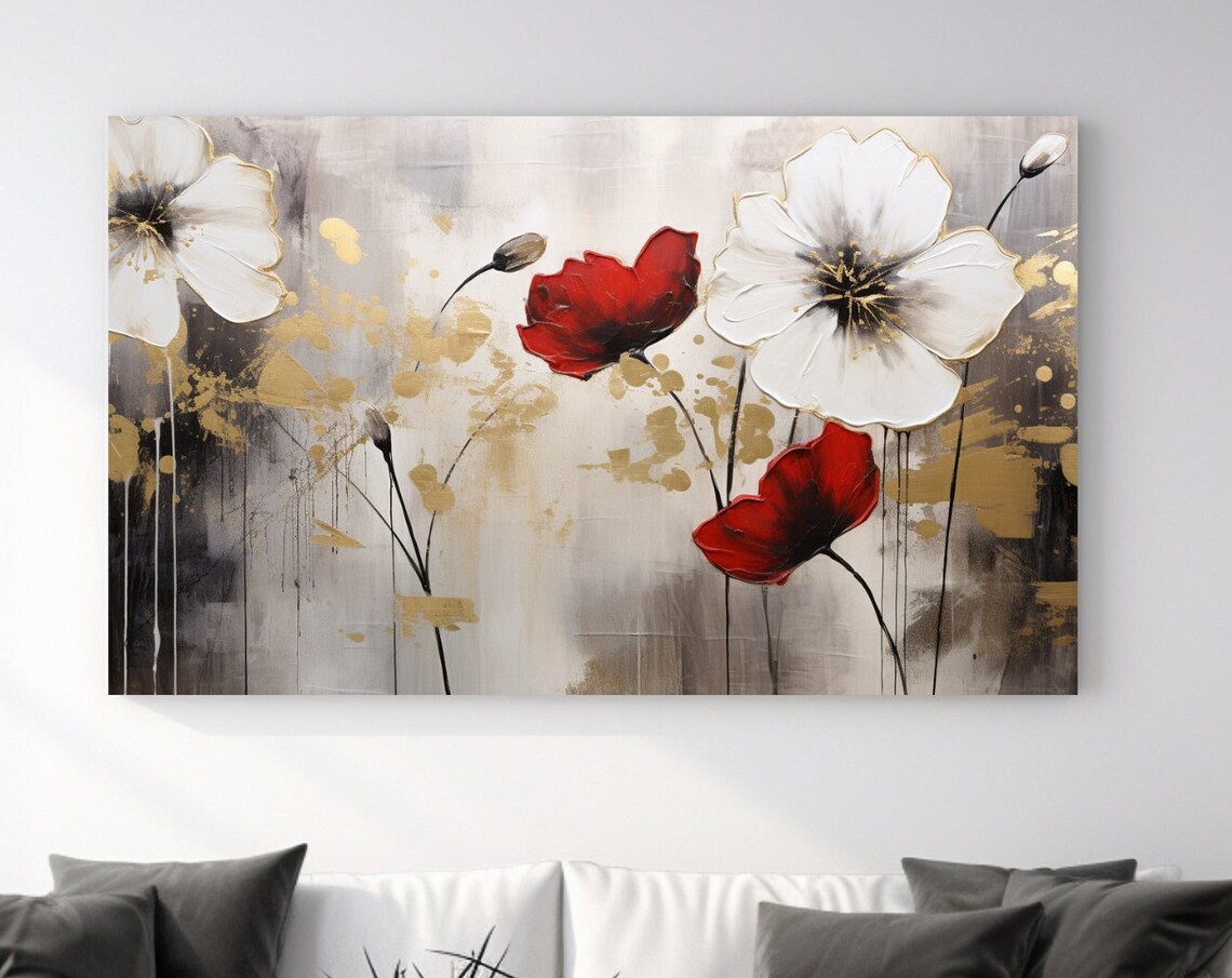 Red Poppies And White Anemones With Gold Abstract Floral Art Poster