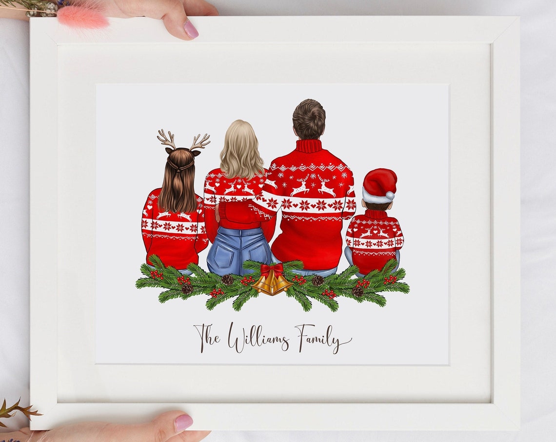 Personalized Christmas Family Portrait Print Matching Sweaters
