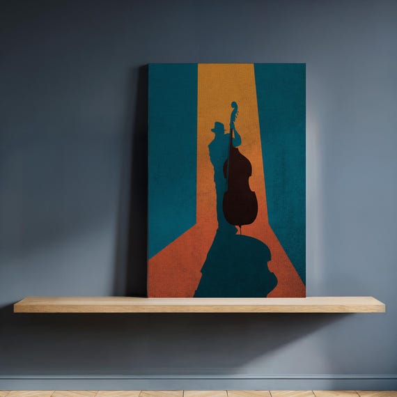 Jazz Bass Player Canvas Wall Art Retro Silhouette Musician With Double I Spotlight Minimalist Music Print Framed Stylish Home Decor