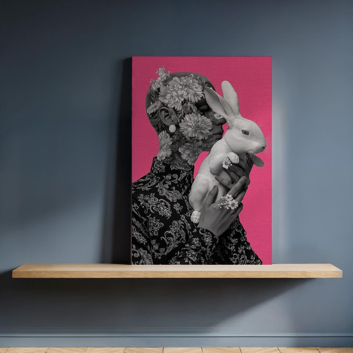 Floral Tattoo Woman Holding White Rabbit Hot Pink Pop Art Print