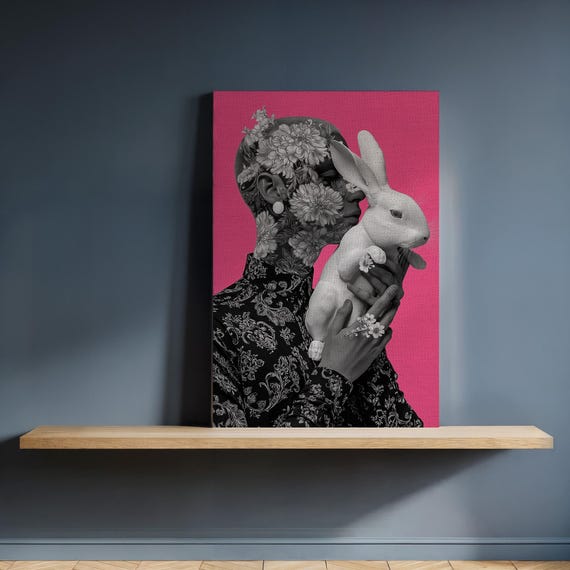 Framed Tattooed Woman With Rabbit Canvas Wall Art Pink Floral Portrait Surreal Black White Character For Bold Modern Decor