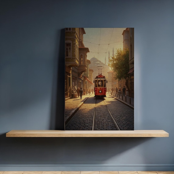 Vintage Red Tram Istanbul Street Canvas Wall Art Historic Cityscape Painting With Golden Light Framed Travel Gift For Urban Home Decor