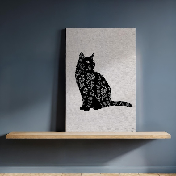 Floral Black Cat Canvas Wall Art Silhouette Print With Botanical Pattern On Beige Framed Minimalist Pet Lover Decor For Modern Homes