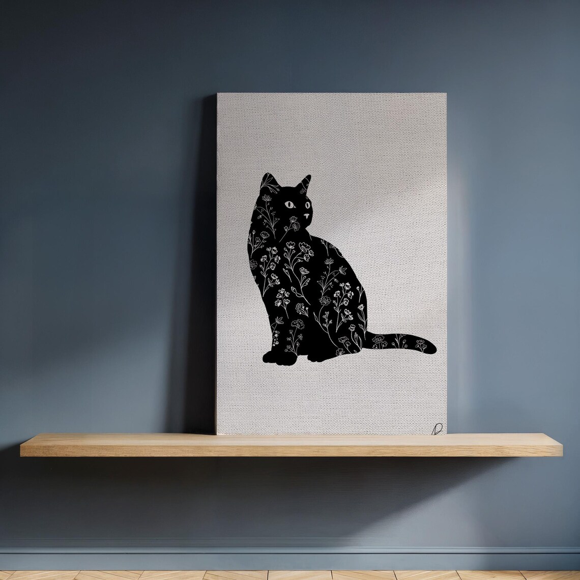Floral Black Cat Canvas Wall Art Silhouette Print With Botanical Pattern On Beige Framed Minimalist Pet Lover Decor For Modern Homes