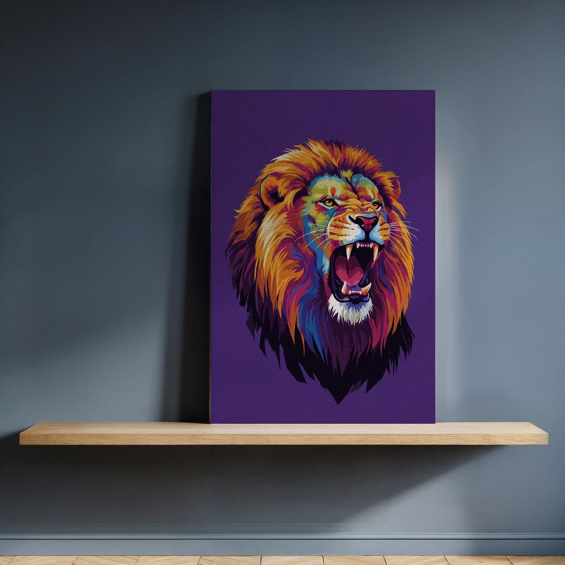 Colorful Roaring Lion Head Pop Art Purple Background Canvas Poster