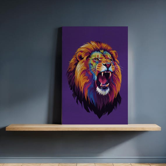 Colorful Roaring Lion Canvas Wall Art Bold Pop Animal Portrait Vibrant Jungle King Illustration Framed Gift For Wildlifemodern Decor