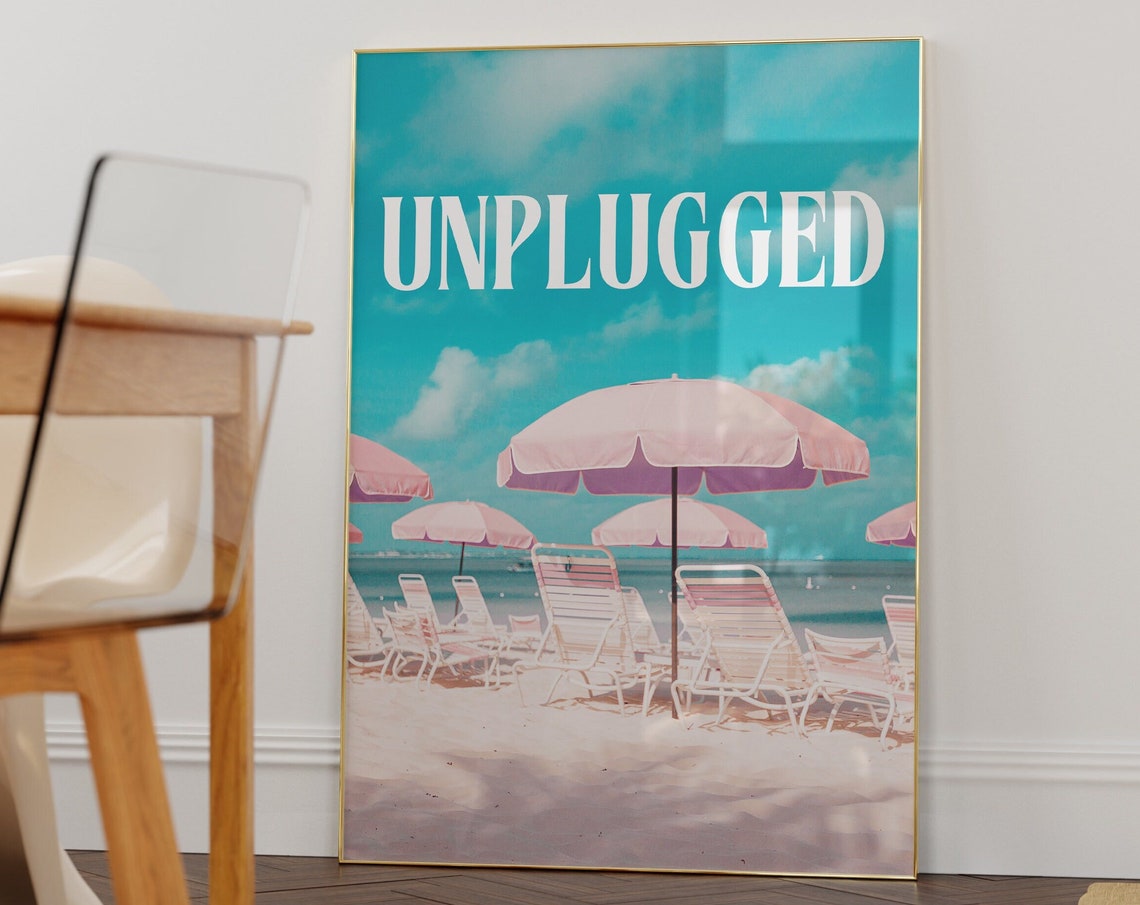 Unplugged Beach Photo Pink Umbrellas Retro Travel Wall Poster