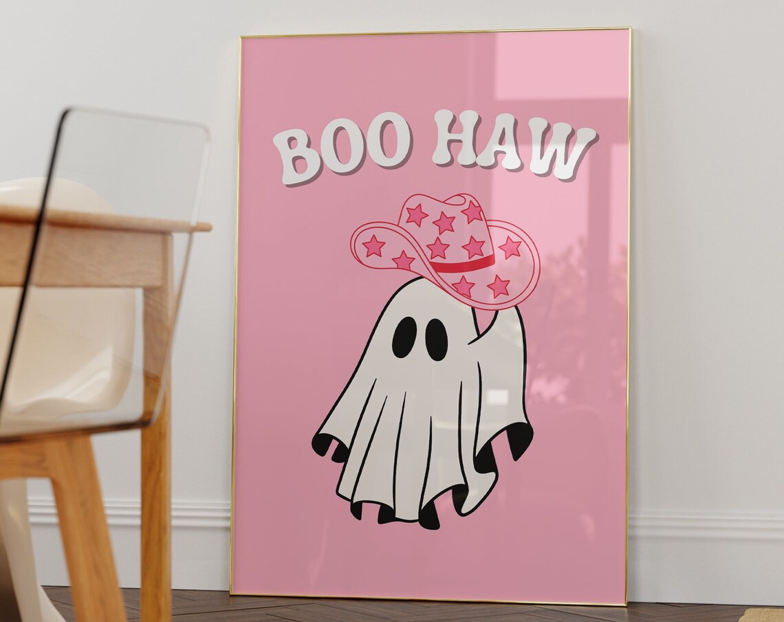Pink Boo Haw Cowgirl Ghost With Star Hat Halloween Party Poster