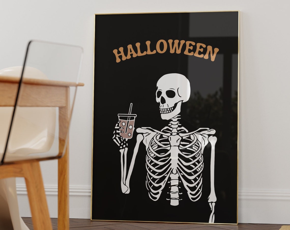 Halloween Skeleton Iced Coffee Funny Retro Black Gothic Poster