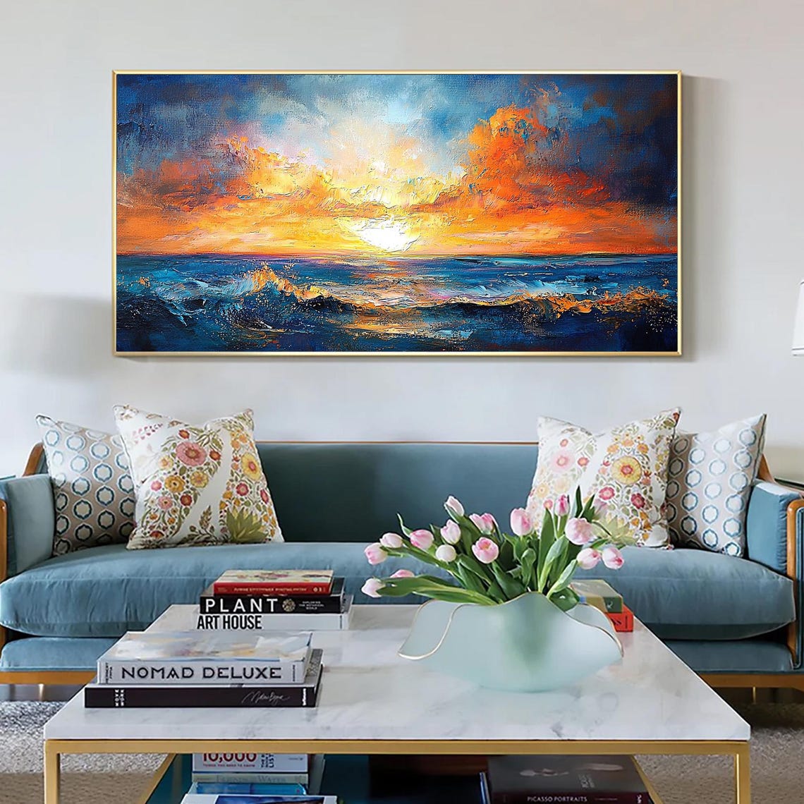 Dramatic Ocean Sunset Deep Blue Waves Seascape Painting Poster - Image 4