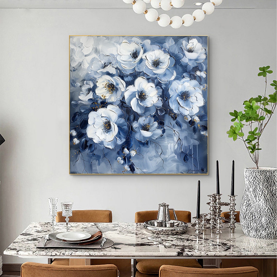 Elegant White Anemone Flowers on Deep Blue with Gold Speckle Poster - Image 4