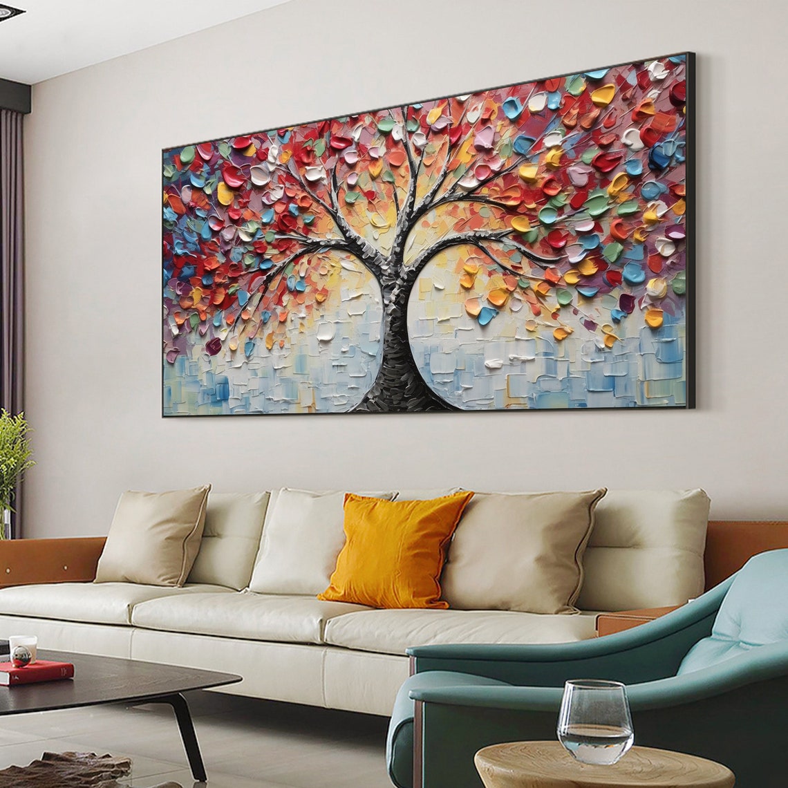 Rainbow Tree of Life Multicolor Leaves Impasto Blue Art Poster - Image 6