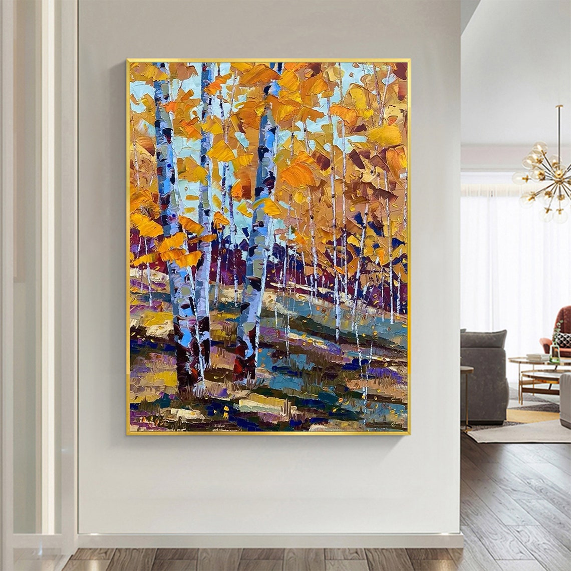 Golden Autumn Birch Trees in Vertical Impasto Oil Style Poster - Image 3