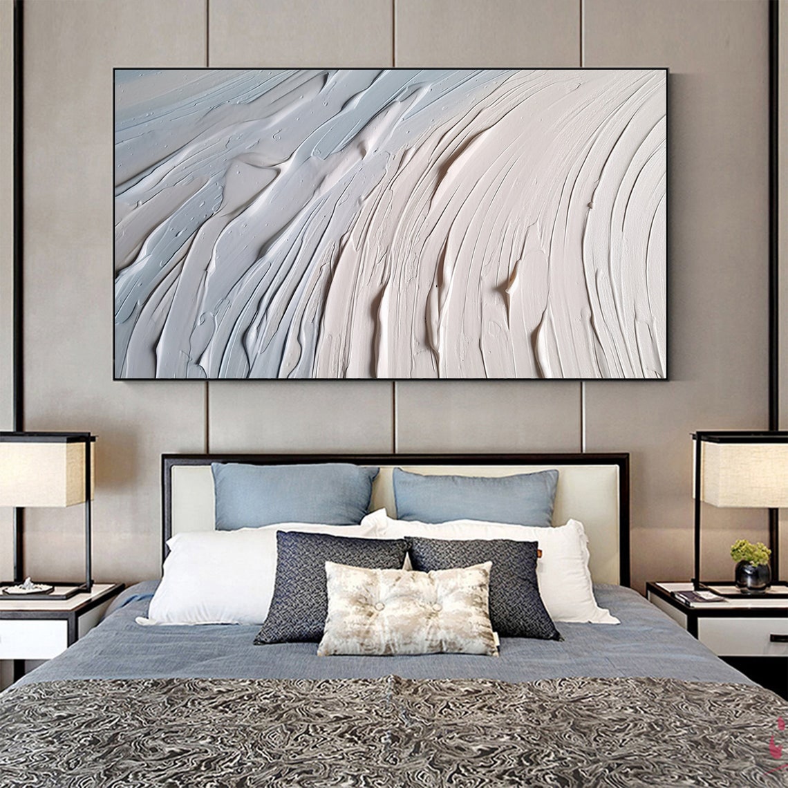 Blue To White Swirl Wave Texture Horizontal Abstract Painting Poster - Image 4