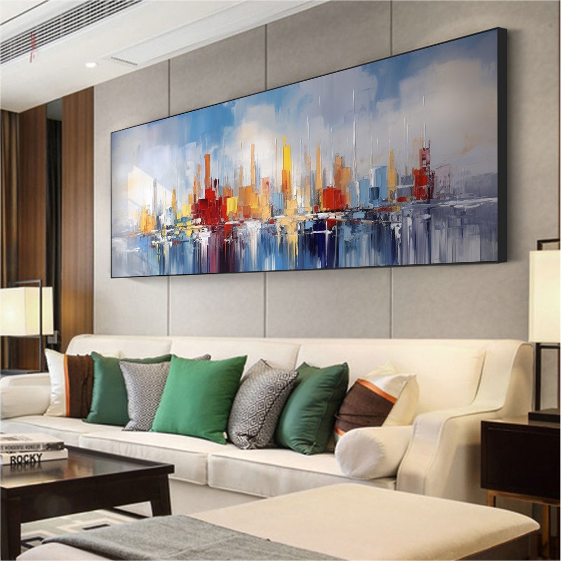 Red and Blue Abstract City Towers Water Reflection Art Poster - Image 5
