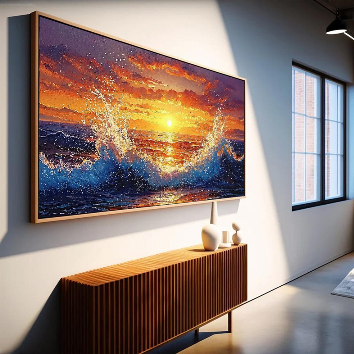 Golden Sun Center Ocean Sunset with Crashing Waves Oil Poster - Image 6
