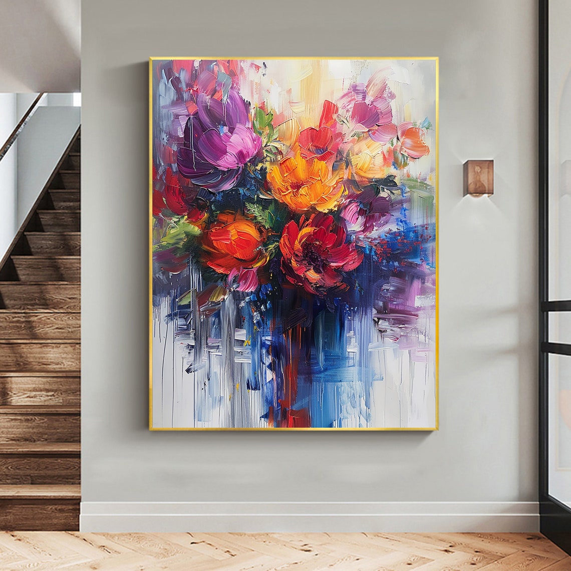 Bold Red Orange Purple Flower Bouquet Thick Impasto Art Poster - Image 3