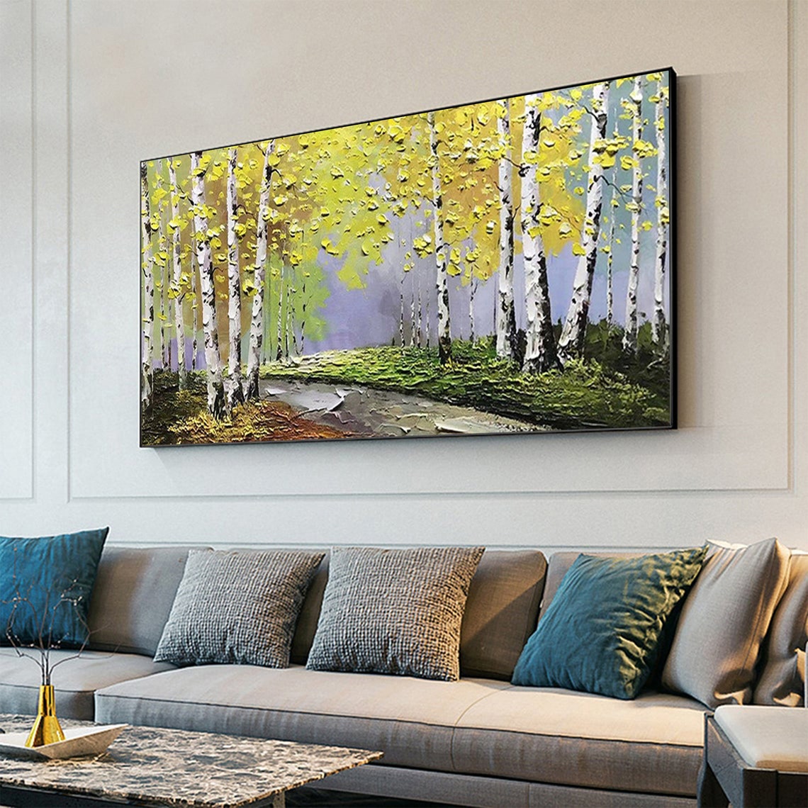 White Birch Forest Path with Yellow Canopy Oil Painting Poster - Image 5