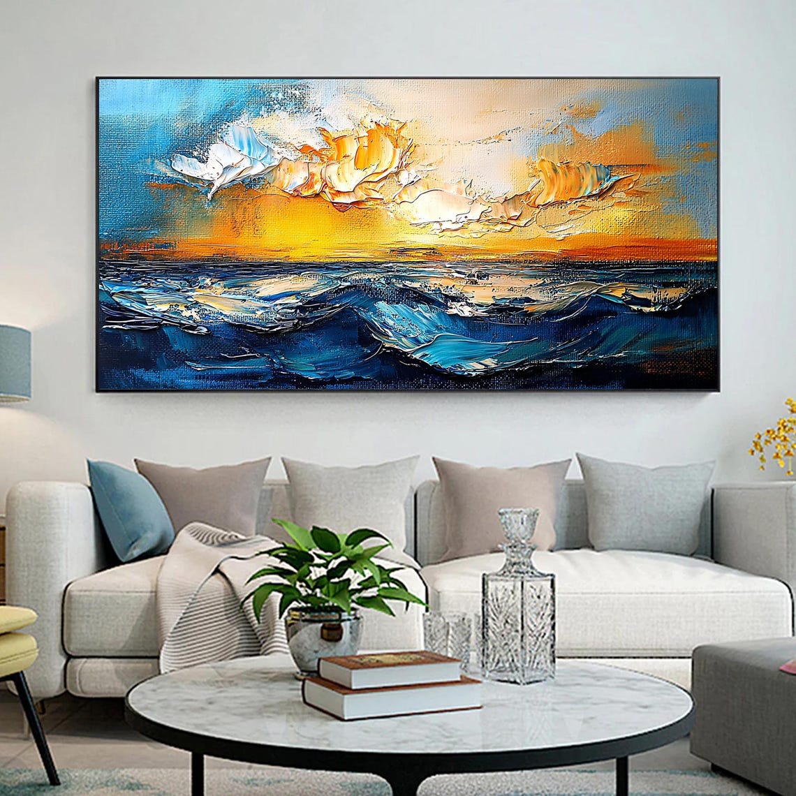 Dramatic Golden Sunset Ocean Waves Heavy Impasto Art Wall Poster - Image 4