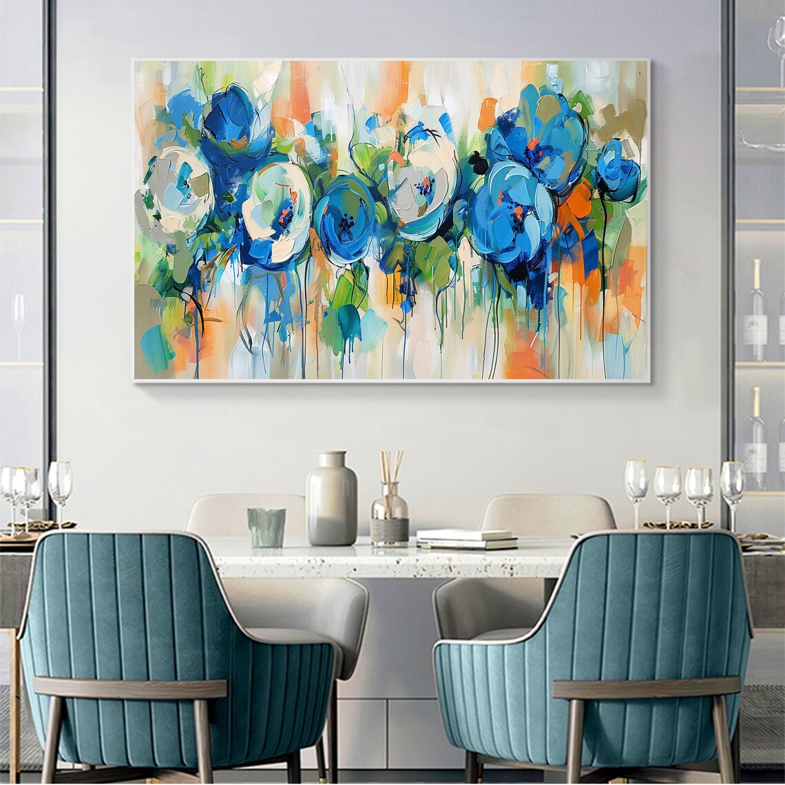 Blue Floral Blooms Green Orange Loose Abstract Flower Painting Poster - Image 5
