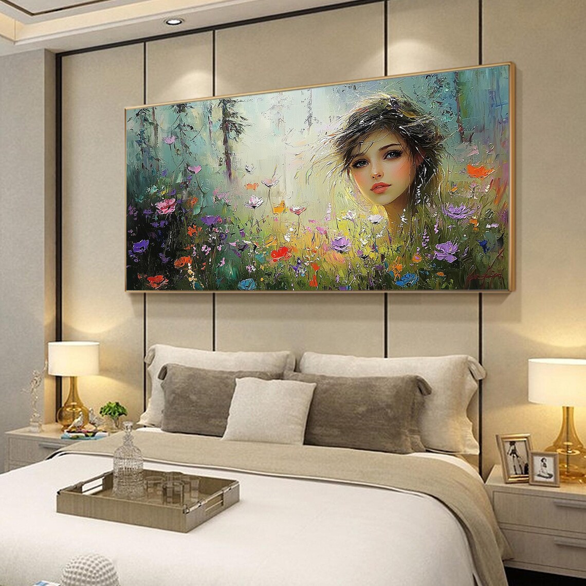 Dreamy Woman Face among Colorful Wildflowers Garden Oil Poster - Image 6
