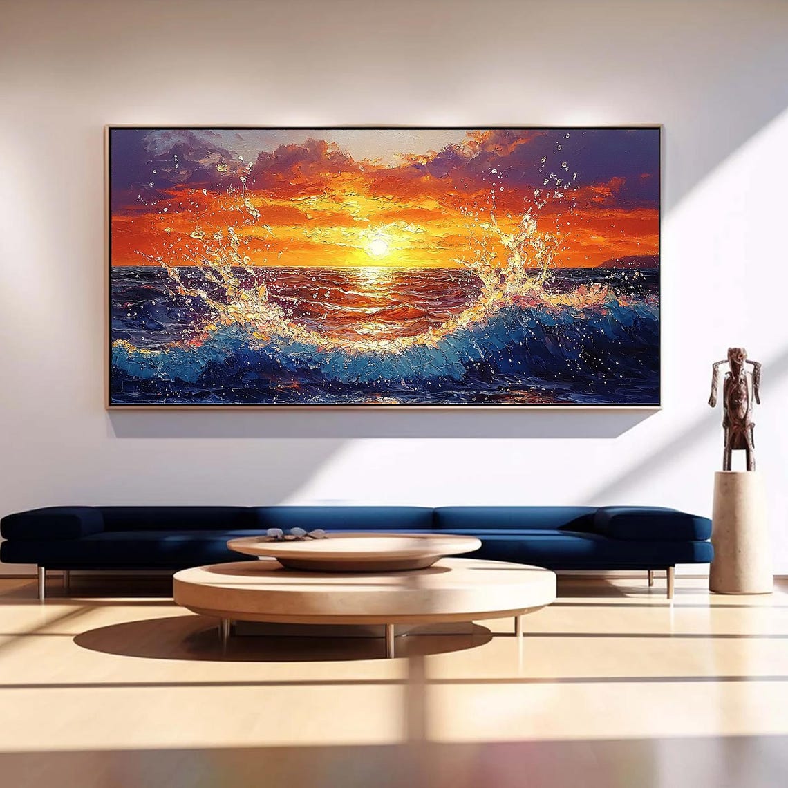 Vibrant Orange Sunset Seascape with Splashing Waves Oil Poster - Image 4