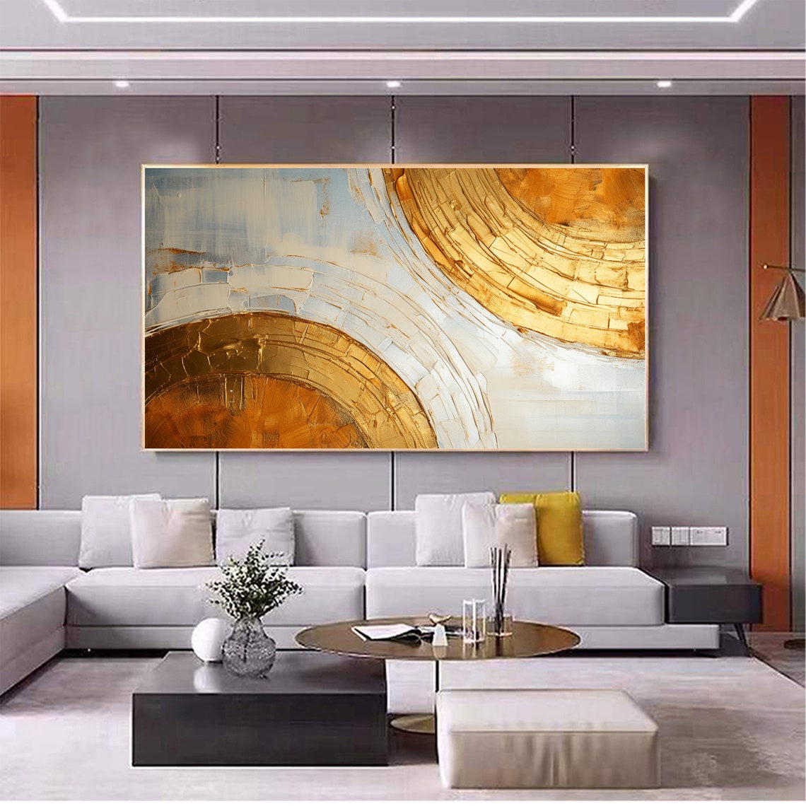 Gold White Double Circle Arcs Abstract Textured Painting Poster - Image 3