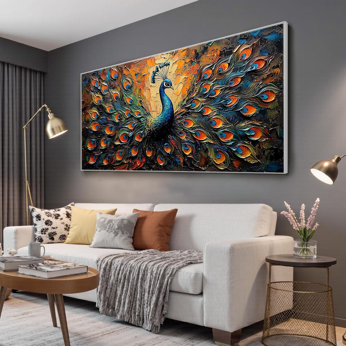 Majestic Peacock with Fanned Iridescent Tail in Impasto Poster - Image 5