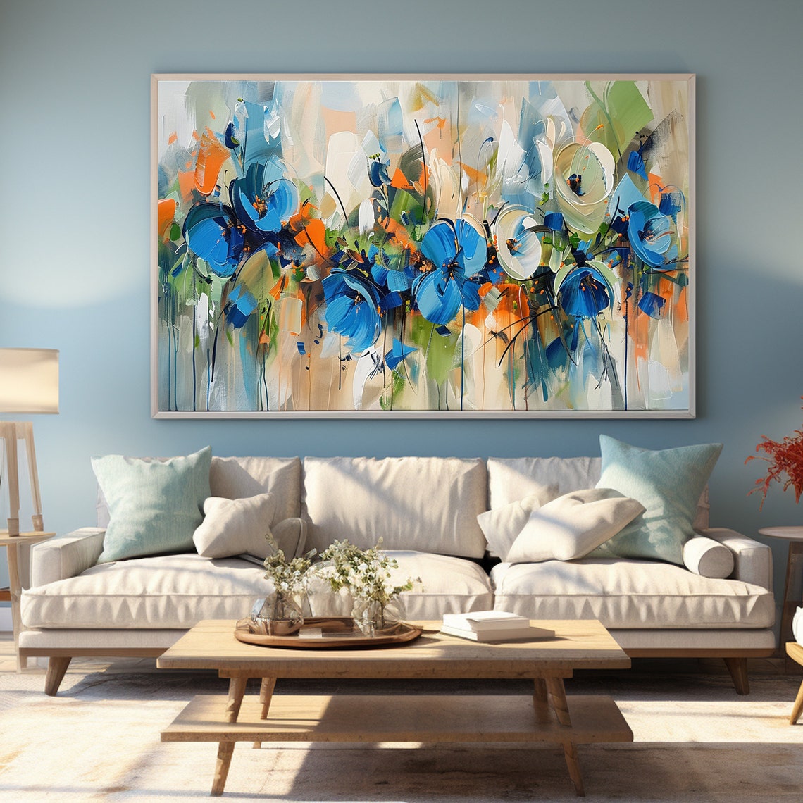 Loose Blue Orange and White Abstract Floral Bouquet Painting Poster - Image 2