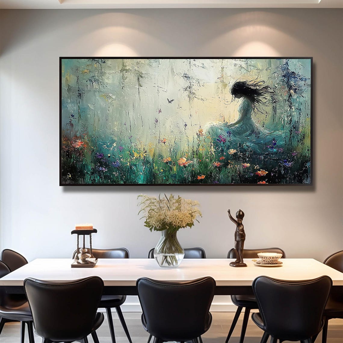 Dreamy Woman in Teal Gown Among Wildflowers and Butterfly Poster - Image 3