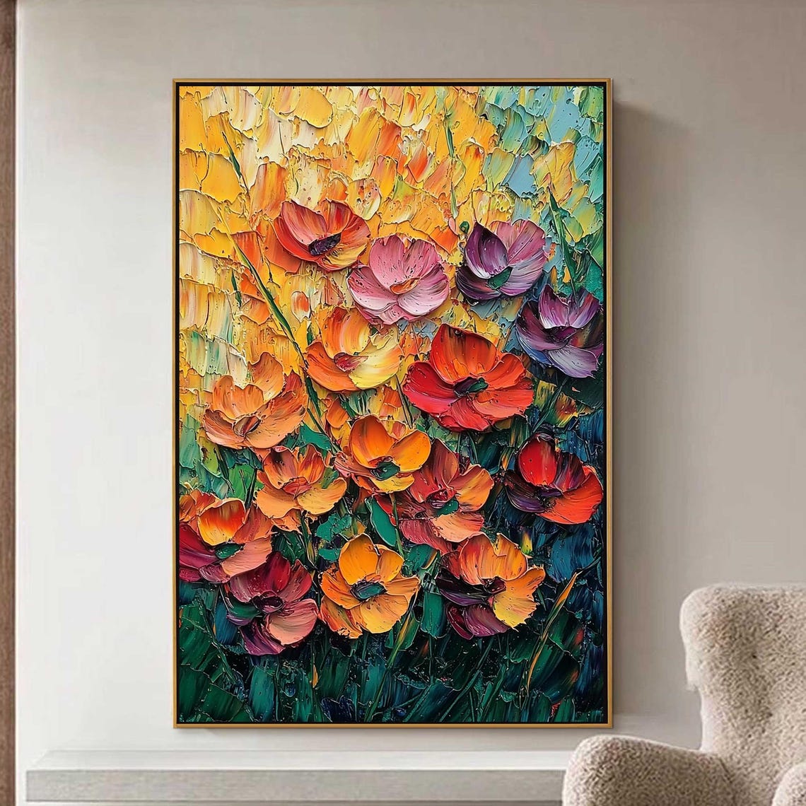 Orange Red Poppy Flowers Teal Impasto Square Floral Painting Poster