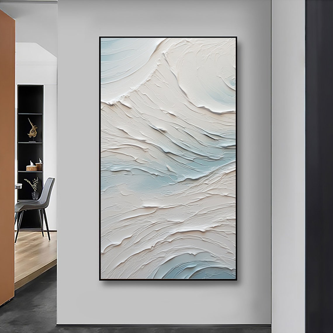 Vertical White Pale Blue Swirl Wave Textured Abstract Painting Poster - Image 3