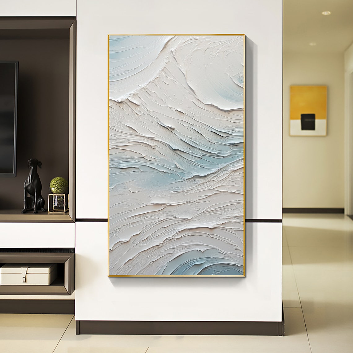 Vertical White Pale Blue Swirl Wave Textured Abstract Painting Poster - Image 4