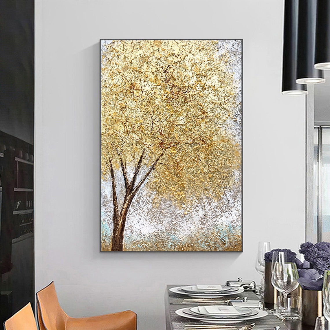 Golden Tree Vertical Textured Canopy Minimalist Painting Poster - Image 3