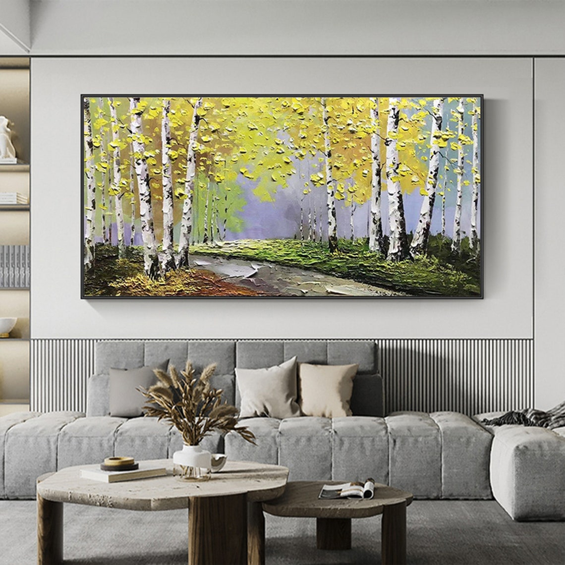 White Birch Forest Path with Yellow Canopy Oil Painting Poster - Image 2