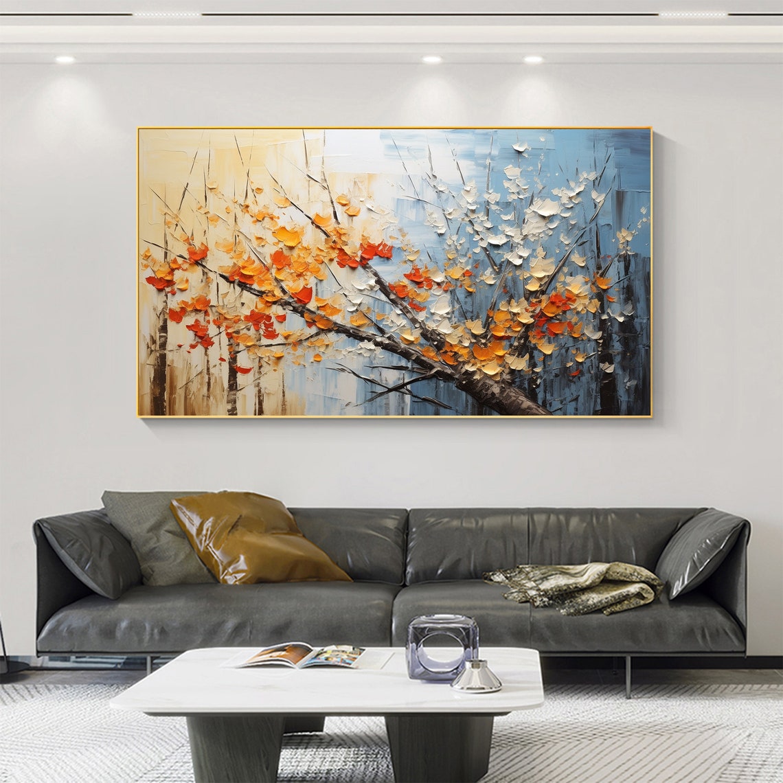 Orange Blossom Branch Blue Palette Knife Floral Painting Poster - Image 2