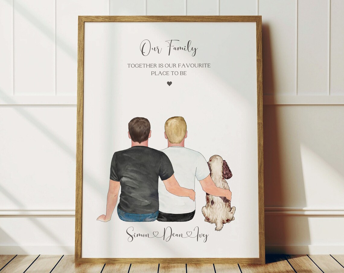 Personalised Our Family Print Two Men and Spaniel Dog Together Quote