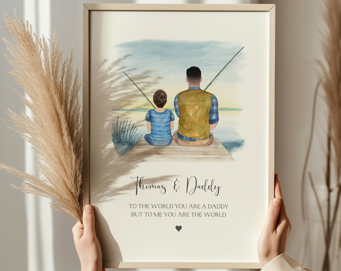 Father And Son Fishing From Dock Daddy Quote Watercolour Poster