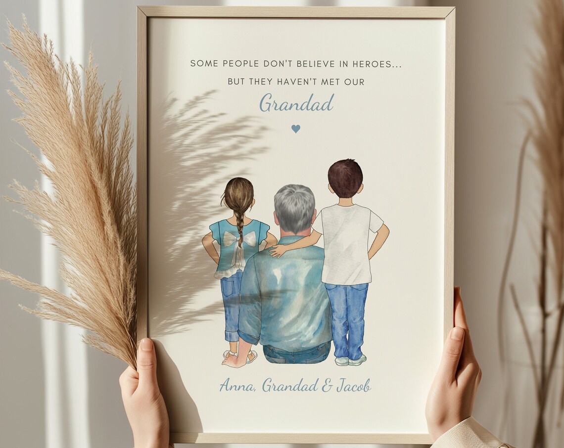 Grandad Heroes Quote Print Grandad With Granddaughter And Grandson Art