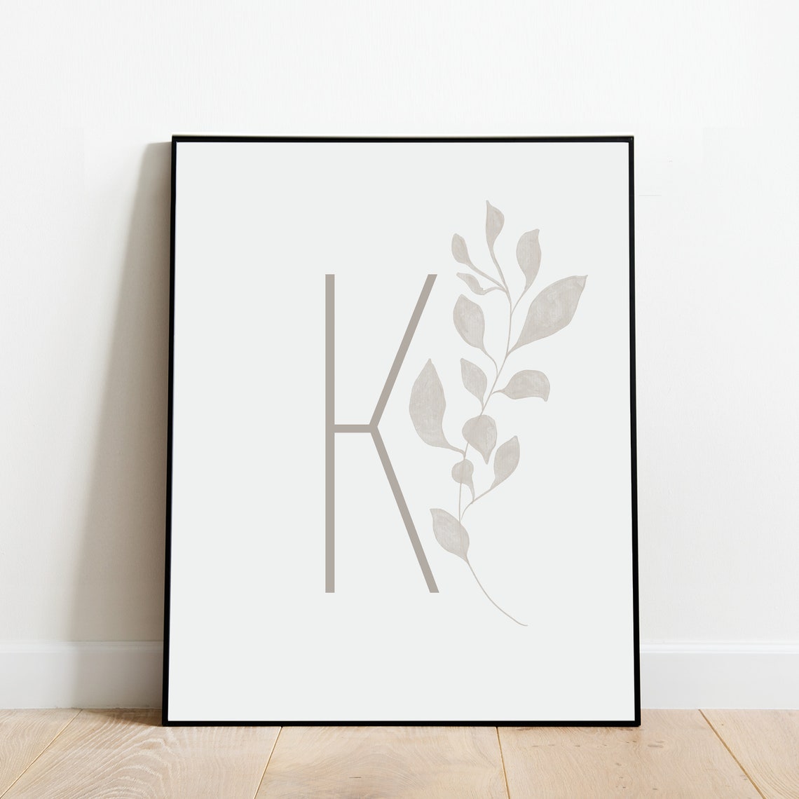 Letter K Monogram With Soft Gray Watercolor Leaves Botanical Poster - Image 4