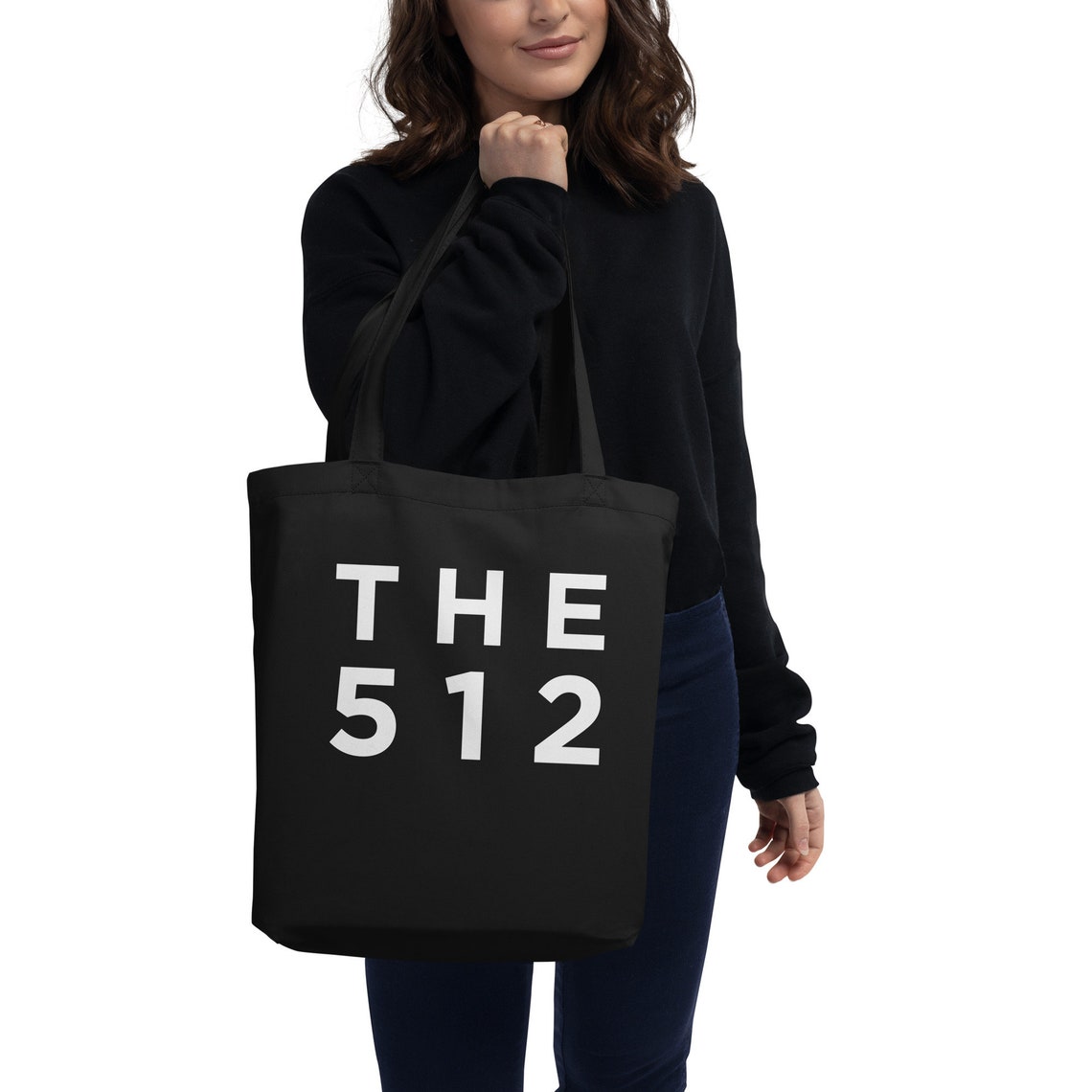 The 512 Austin Texas Black Tote Bag with Bold White Block Print Design - Image 4