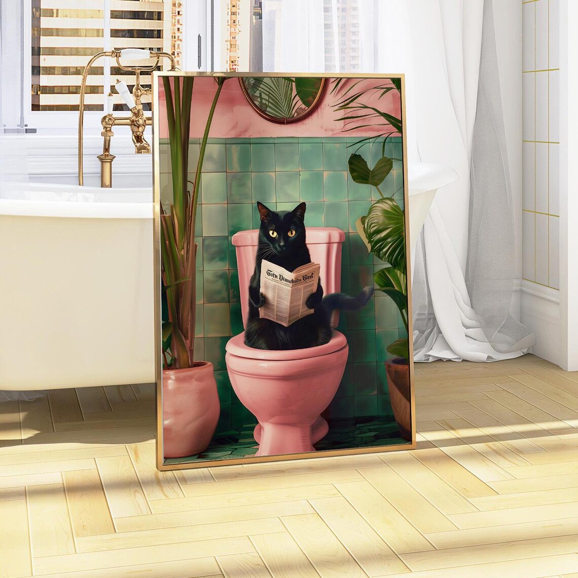 Bathroom Cat Reading on Toilet Funny Bathroom Art
