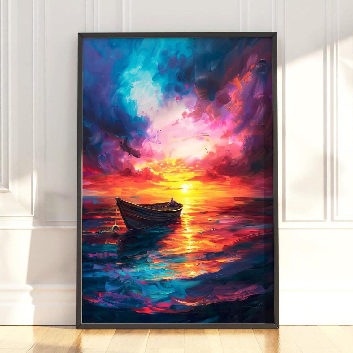 Lone Rowboat Floating On A Vibrant Sunset Ocean Impasto Painting Poster